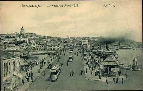 Ak Konstantinopel Istanbul Türkei, Le nouveau Pont 1912, Straßenbahn