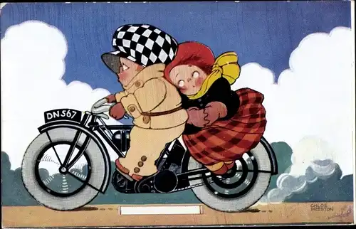 Künstler Ak Preston, Chloe, Süße Last, Liebespaar auf einem Motorrad