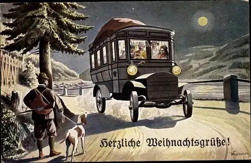 Künstler Ak Frohe Weihnachten, Kk Automobilpost um 1908, Jäger mit Hund, Postbeamtenverein Wien