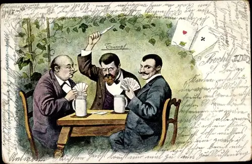 Litho Männer beim Skat, Kartenspiel, Trumpf