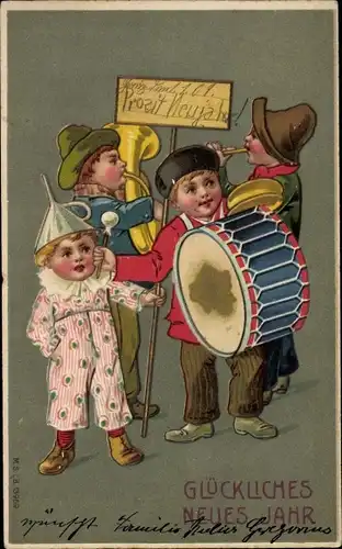 Präge Ak Glückwunsch Neujahr, Kinder mit Musikinstrumenten