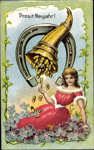 Ak Glückwunsch Neujahr, Frau sitzt zwischen Blumen, Füllhorn mit Münzen, Hufeisen