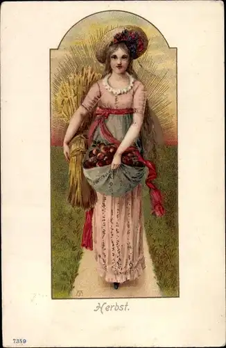Künstler Litho Herbst, Allegorie, Frau mit Äpfeln und Getreideähren