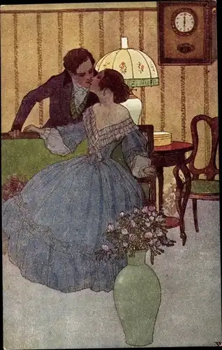 Künstler Ak Wenig, J., Verlobte, Paar beim Kuss