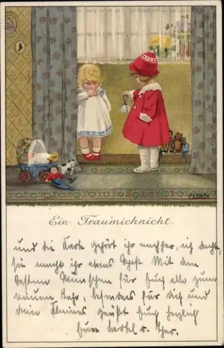 Künstler Ak Ebner, Pauli, Ein Traumichnicht, Kind versteckt sich hinter Vorhang