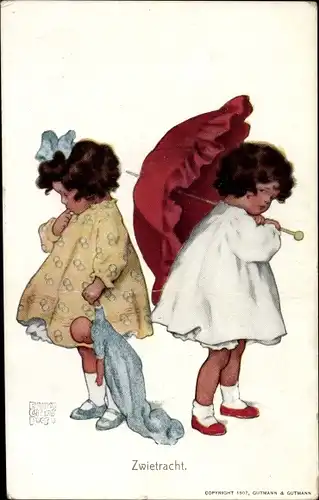 Künstler Ak Zwietracht, zwei Mädchen im Streit, Schirm, Puppe