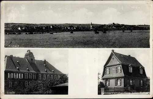 Ak Atzbach Lahnau in Hessen, Panorama, Schule, Kolonialwarenhandlung