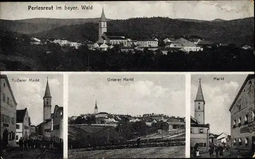 Ak Perlesreut Niederbayern, Gesamtansicht, Äußerer Markt, Unterer Markt, Markt, Kirche