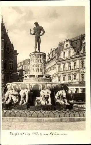 Ak Liberec Reichenberg Stadt, Ansicht vom Metznerbrunnen, Straßenbahn