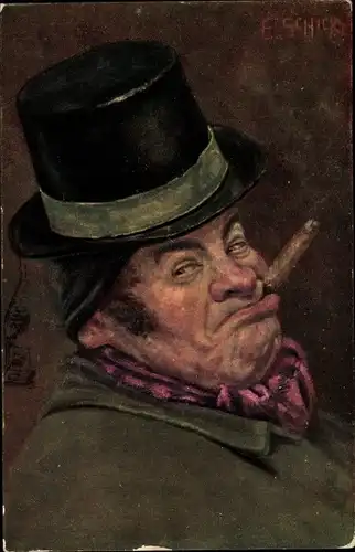 Künstler Ak Schick, E., Mann mit Zylinder raucht eine Zigarre