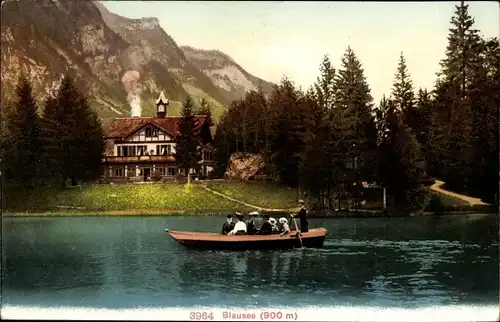 Ak Blausee Mitholz Kandergrund Kanton Bern, Ortsansicht, Ruderboot