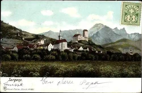Ak Sargans Kanton St. Gallen, Blick auf den Ort, Berge