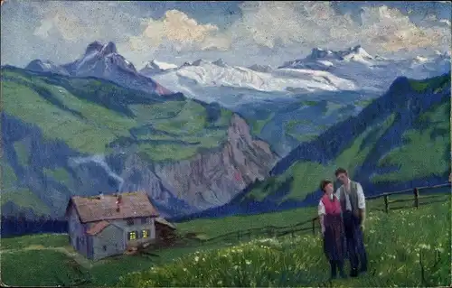 Künstler Ak Appenzell Kanton Außerrhoden, Stoss Pass, Liebespaar, Berge, Haus