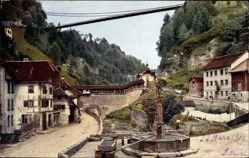 Ak Fribourg Freiburg Stadt Schweiz, La fontaine de la Fidélité et le pont du Gotteron