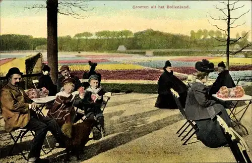 Ak Niederlande, Bollenland, Blumen-Feld, Menschen am Tisch, Terrasse