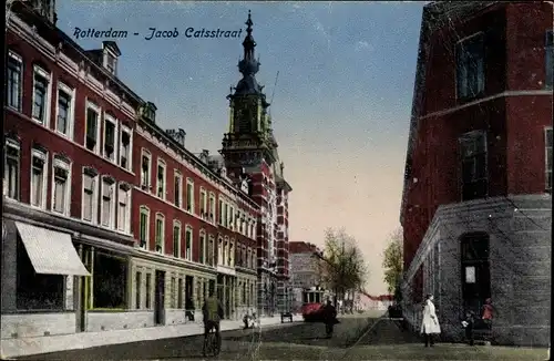 Ak Rotterdam Südholland Niederlande, Jacob Catsstraat, Straßenbahn, Turm