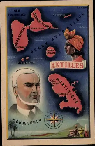 Landkarten Ak Martinique, Politiker Victor Schoelcher, Antilles, Guadeloupe