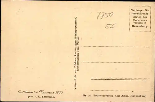 Künstler Ak Thümling, L., Gottlieben Kanton Thurgau, Uferblick, Bootspartie, um 1850