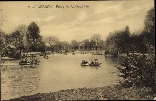 Ak Mönchengladbach in Nordrhein Westfalen, Partie im Volksgarten, Ufer, Boot