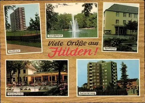 Ak Hilden im Rheinland, Waldschenke, Hochhaus, Gondelteich, Sparkasse, Kastanienweg