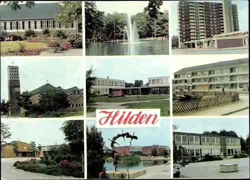 Ak Hilden Nordrhein Westfalen, Kirche, Teich, Berufsschule, Hochhaus, St. Konrad, Beethovenschule