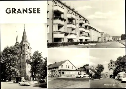 Ak Gransee im Kreis Oberhavel, Kirche, Straße des Friedens, Ruppiner Straße, Gaststätte Lindenhof