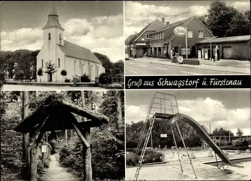 Ak Schwagstorf Fürstenau Niedersachsen, Kirche, Tankstelle, Freibad