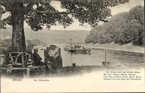 Ak Hann. Münden in Niedersachsen, Fluss mit Dampfschiff, Weserstein, Zusammenfluss Werra, Fulda