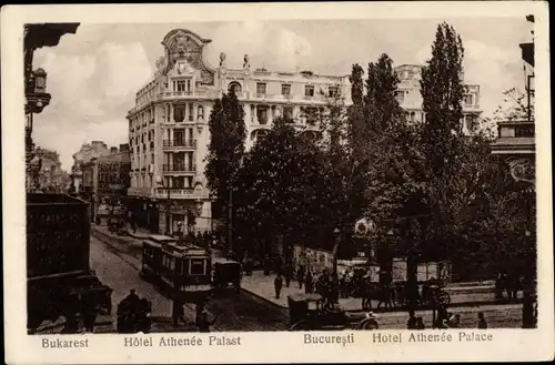 Ak București Bukarest Rumänien, Hotel Athene Palace, Calea Victoriei, Straßenbahn