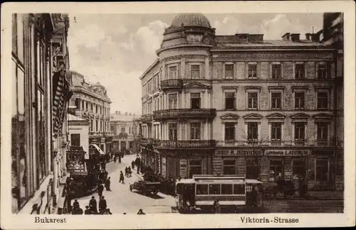 Ak București Bukarest Rumänien, Viktoria Straße, Buchhandlung, Straßenbahn