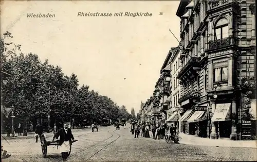 Ak Wiesbaden in Hessen, Rheinstraße mit Ringkirche