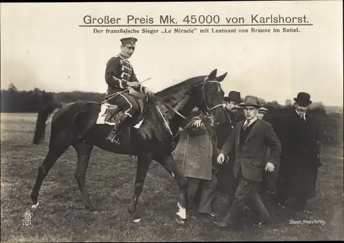 Ak Berlin Lichtenberg Karlshorst, Großer Preis, Sieger Rennpferd Le Miracle, Leutnant von Braune