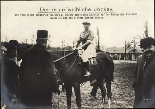 Foto Rennbahn Budapest, der erste weibliche Jockey, Tochter des Trainers S. Bulford