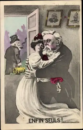 Ak Marianne umarmt Armand Fallieres, Emile Loubet mit Reisetache, Portrait Wilhelm II, Karikatur