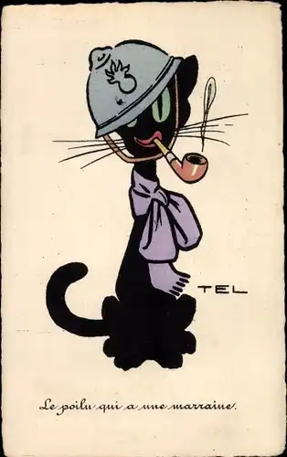 Künstler Ak Le poilu qui a une marraine, Kater mit Soldatenhelm und Pfeife