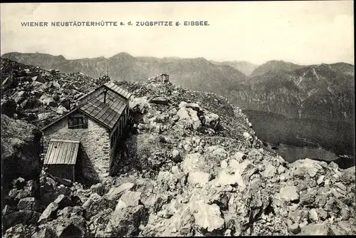 Ak Wettersteingebirge, Wiener Neustädter Hütte, auf der Zugspitze gegen Eibsee