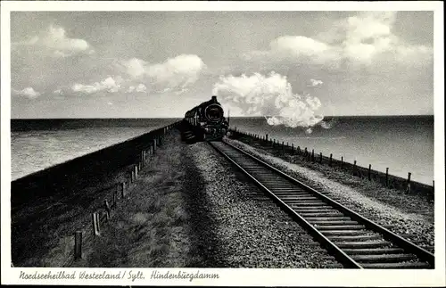 Ak Insel Sylt in Nordfriesland, Deutsche Eisenbahn auf dem Hindenburgdamm