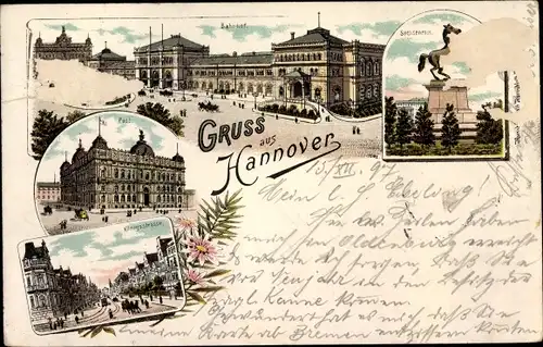 Litho Hannover in Niedersachsen, Bahnhof Front, Post, Königsstraße, Denkmal