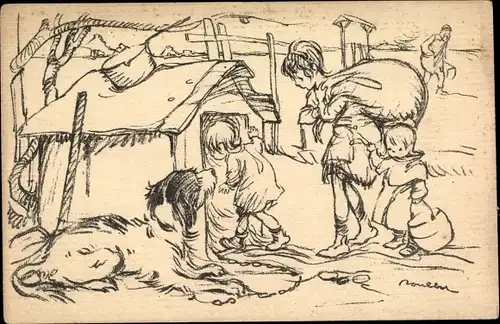 Künstler Ak Poulbot, Francisque, Kinder ziehen in eine Hundehütte