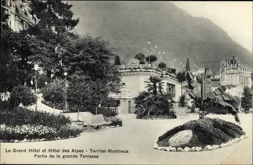 Ak Territet Montreux Kt. Waadt, Le Grand Hotel et Hotel des Alpes, La Grande Terrasse