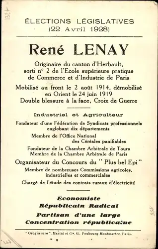 Ak Französischer Politiker Rene Lenay, Elections Legislatives 1928, Portrait