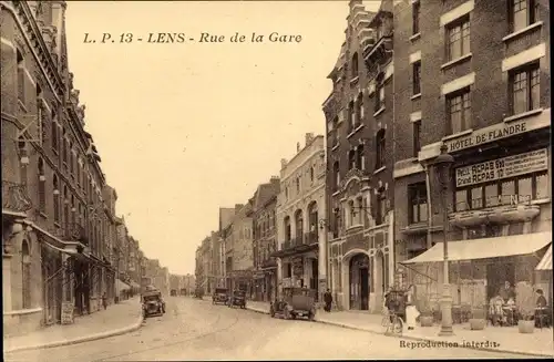 Ak Lens Pas de Calais, Rue de la Gare, Hotel de Flandre