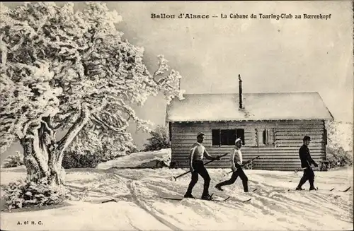 Ak Ballon d'Alsace Vosges, la Cabane du Touring Club au Boerenkopf, Winter, Skiläufer