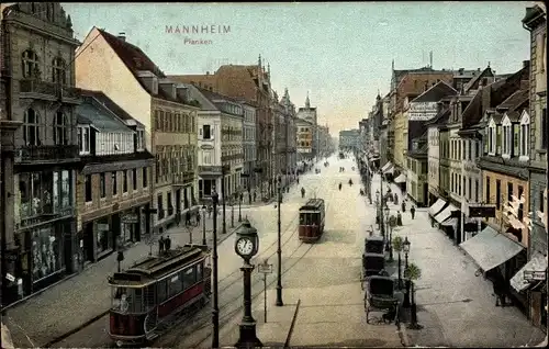 Ak Mannheim, Partie an den Planken, Straßenbahnen