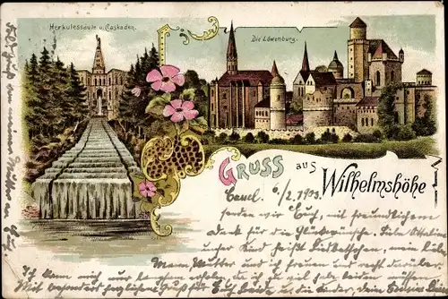 Litho Wilhelmshöhe Kassel, Die Löwenburg, Herkulessäule, Kaskaden