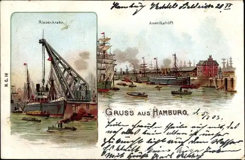 Litho Hamburg Mitte, Amerikahöft, Riesenkran, Dampfschiff, Segelschiff
