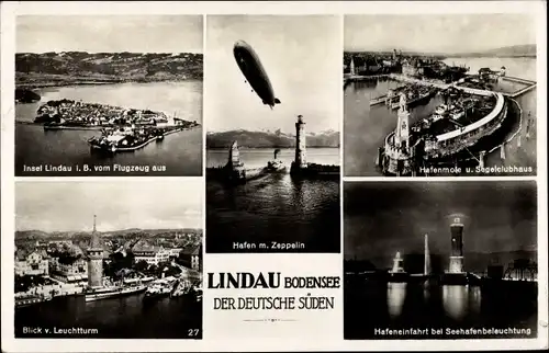 Ak Lindau am Bodensee Schwaben, Hafen mit Zeppelin, Seehafenbeleuchtung, Hafenmole