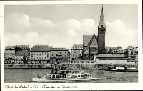 Ak Biebrich am Rhein Wiesbaden, Rheinufer mit Oranienkirche