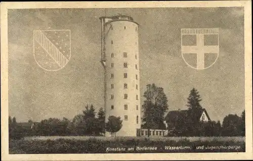 Ak Konstanz am Bodensee, Wasserturm und Jugendherberge, Wappen