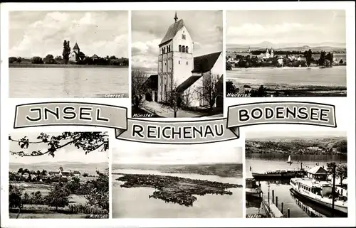 Ak Insel Reichenau am Bodensee, Oberzell, Münster, Niederzell, Hafen, Luftbild der Insel